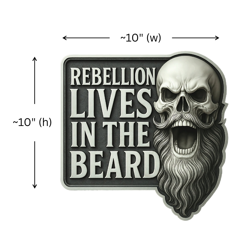 Skull with beard and 'Rebellion Lives in the Beard' text on a black background