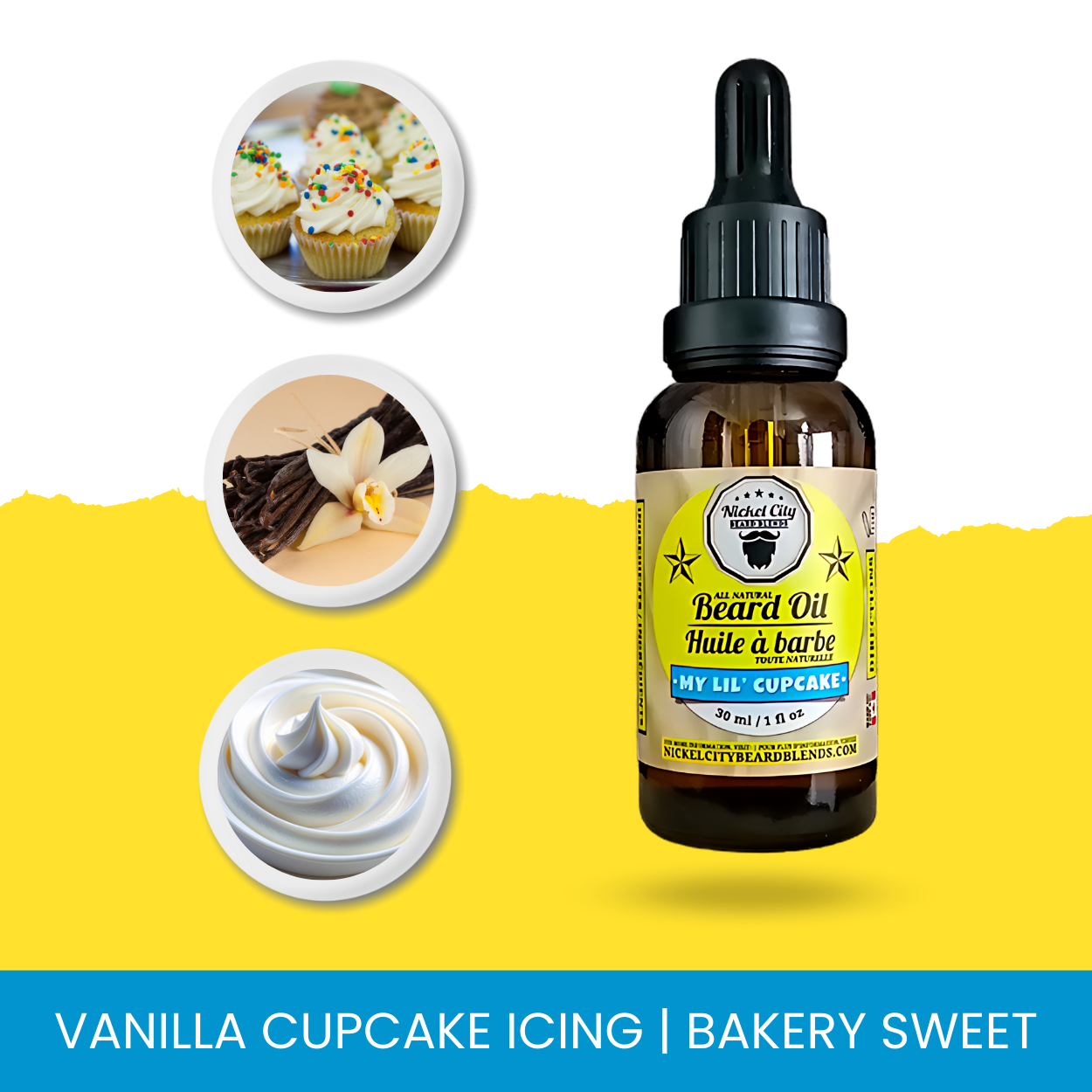 Bottle of vanilla cupcake icing scented beard oil with bakery-themed elements on a yellow and blue background.