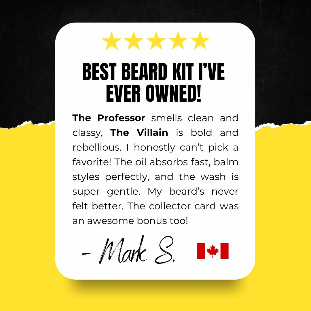 Graphic review card reading 'Best Beard Kit I've ever owned!' praising The Professor and The Villain scents and mentioning collector card bonus.