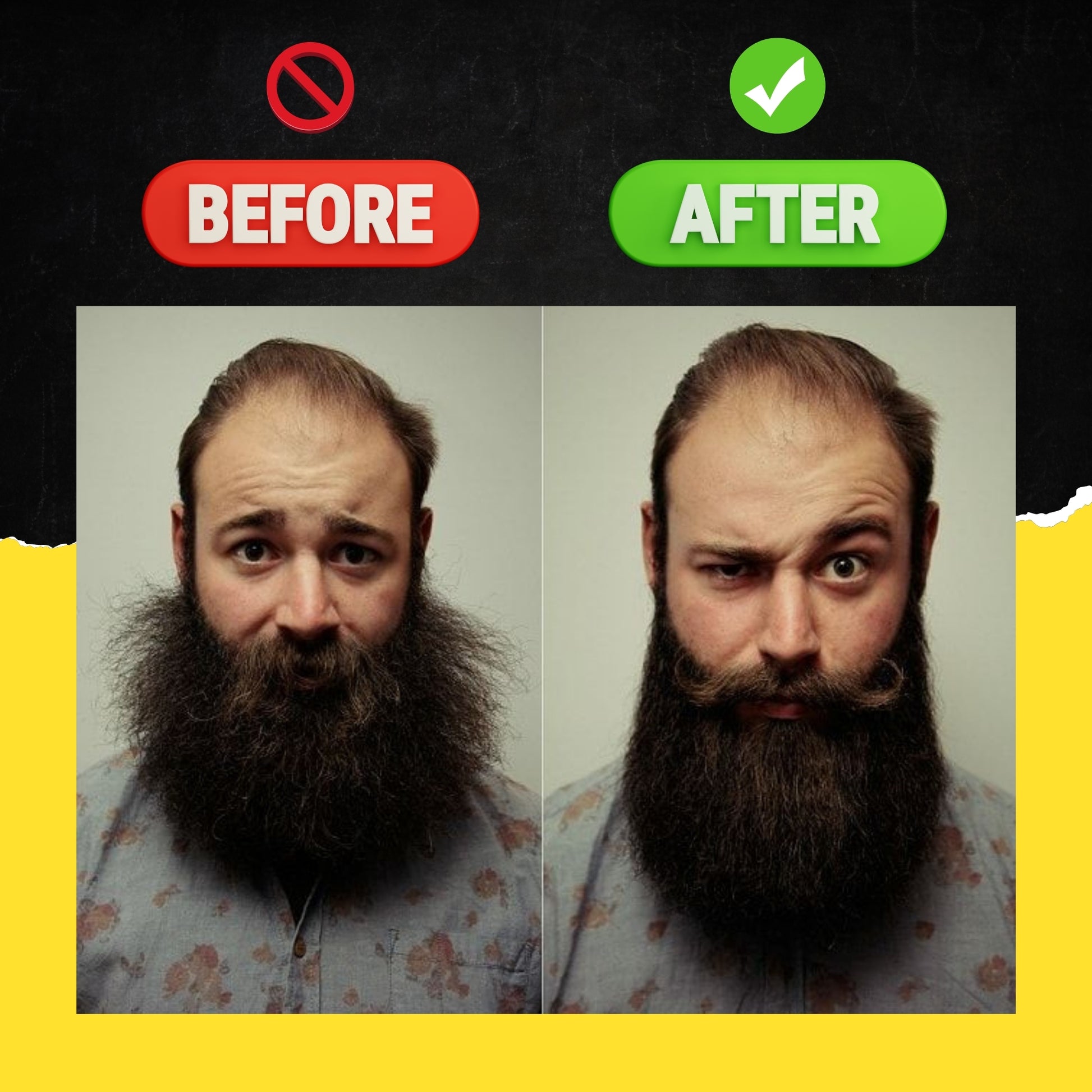 Before and after comparison showing dramatic transformation of a man's beard after using Nickel City Beard Blends Villain products, with red 'Before' and green 'After' labels.