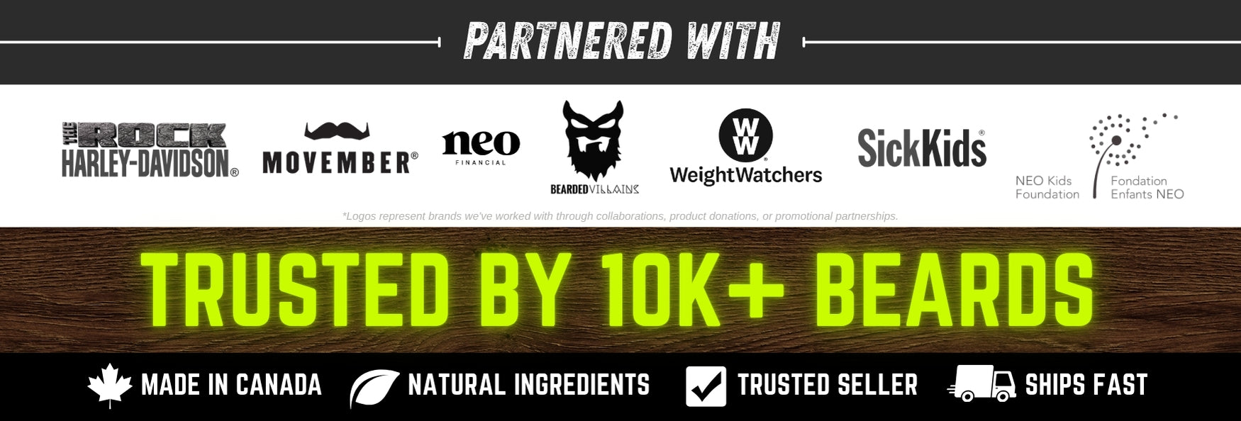 Product banner with brand logos and text about being trusted by 10,000+ people, made in Canada, and other claims.