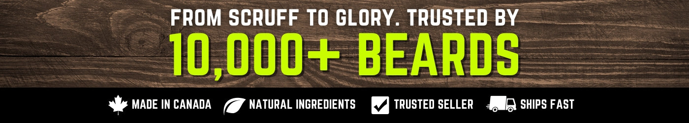 Promotional banner with text about beards and branding on a wooden background