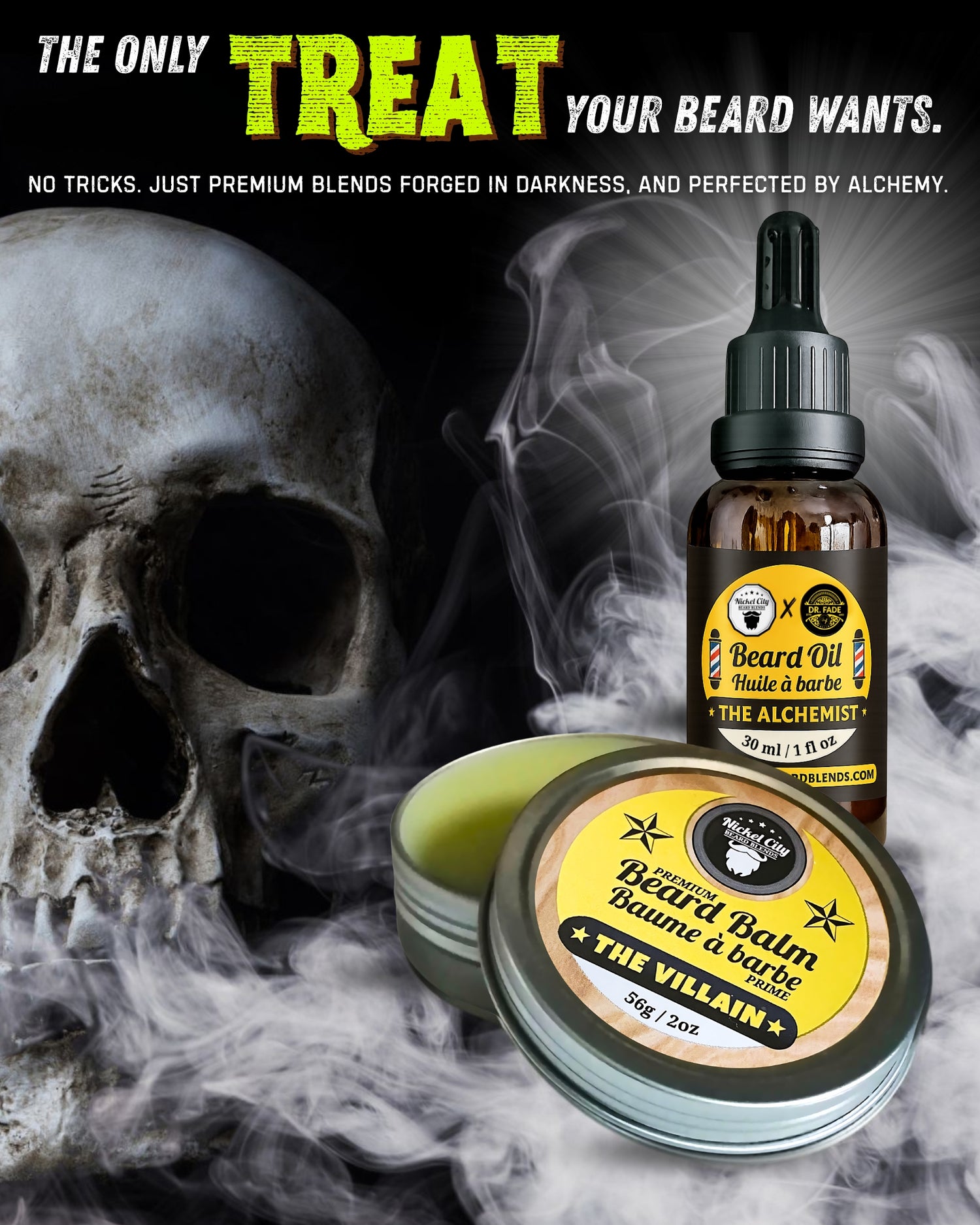 Beard oil and balm with skull and smoke background