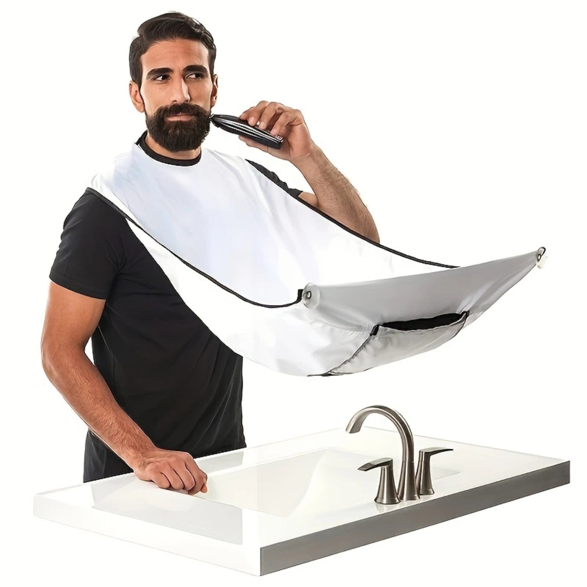 Bearded man using beard tarp over sink 1