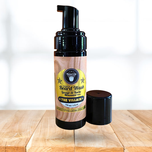 Beard wash bottle with wooden label on a wooden surface