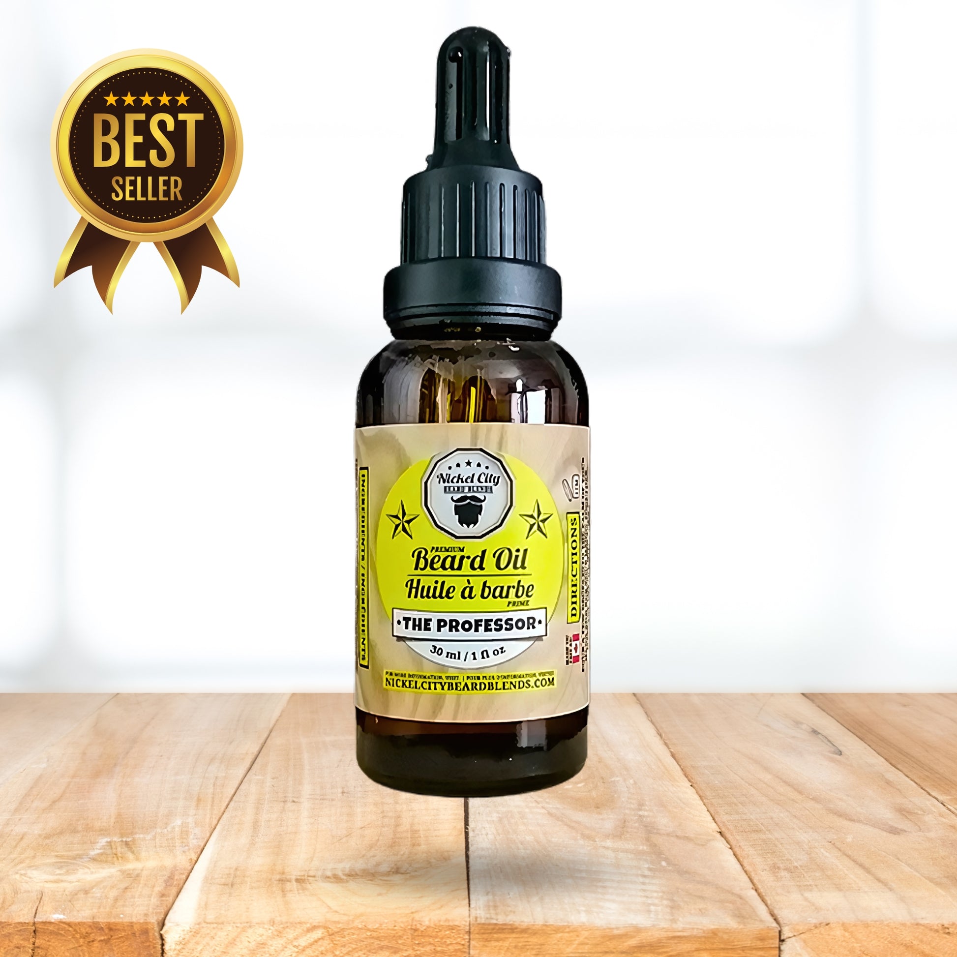Bottle of beard oil with a yellow label on a wooden surface, featuring a 'Best Seller' badge.