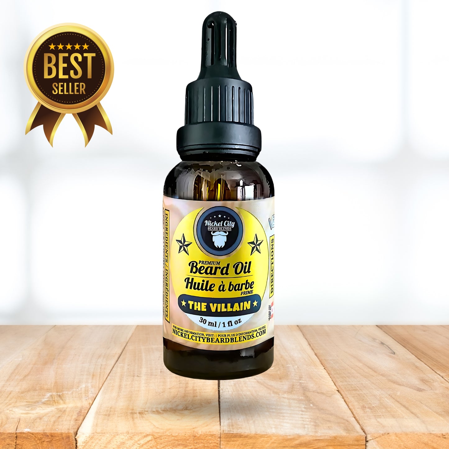 Bottle of beard oil with a dropper on a wooden surface, featuring a 'Best Seller' label.