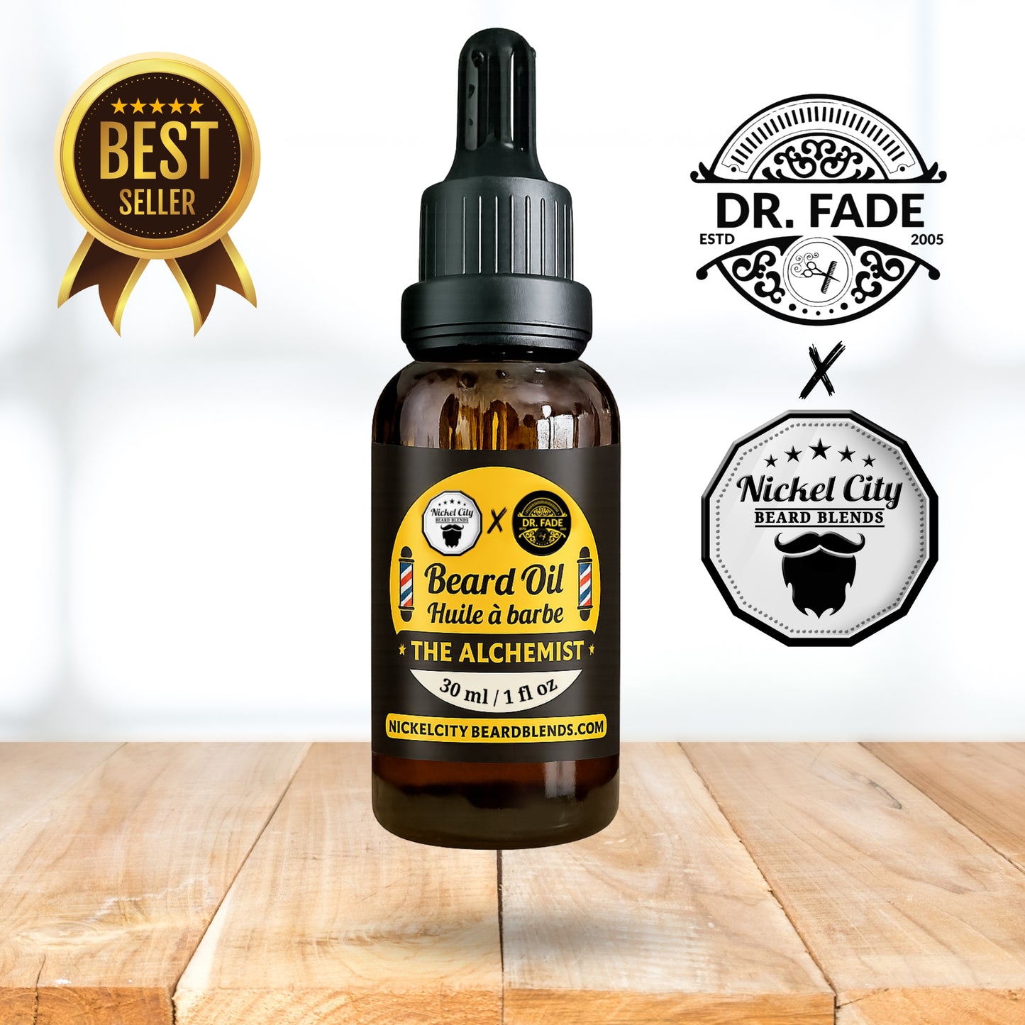 Bottle of Dr. Fade The Alchemist beard oil on a wooden surface with brand logos.