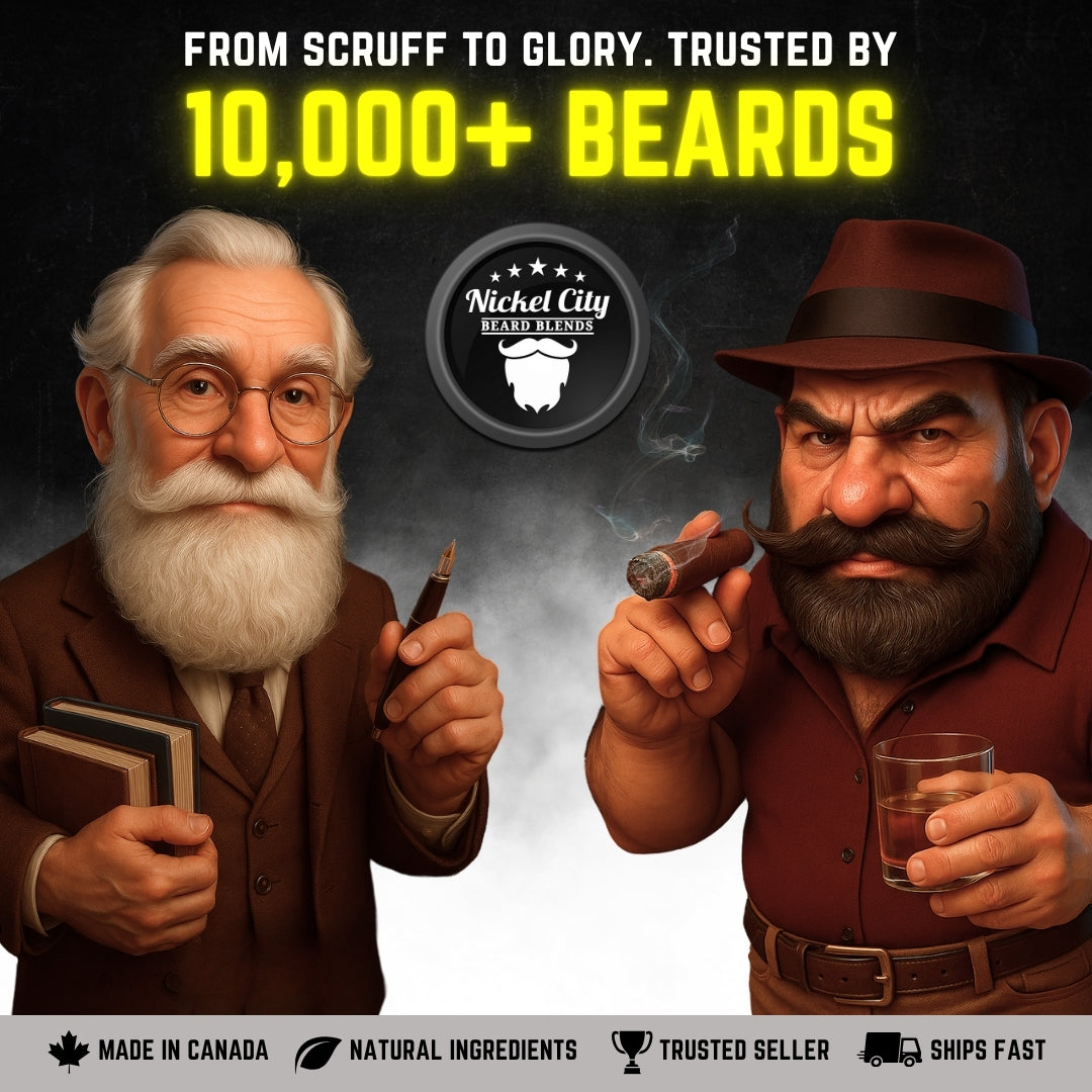 Illustrated poster of Nickel City Beard Blends characters The Professor and The Villain with text 'From scruff to glory. Trusted by 10,000+ beards' and icons for Made in Canada, Natural Ingredients, Trusted Seller, Ships Fast.