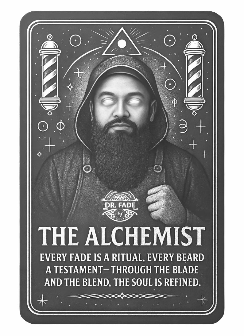Illustration of a bearded man in a hood with barber shop elements and text about 'The Alchemist' and beard grooming.