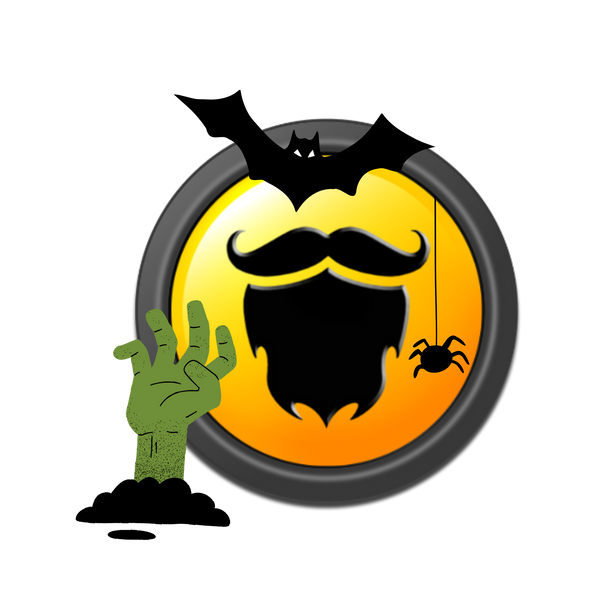 Halloween-themed button with a green hand, black bat, mustache, and spider on an orange and yellow background.