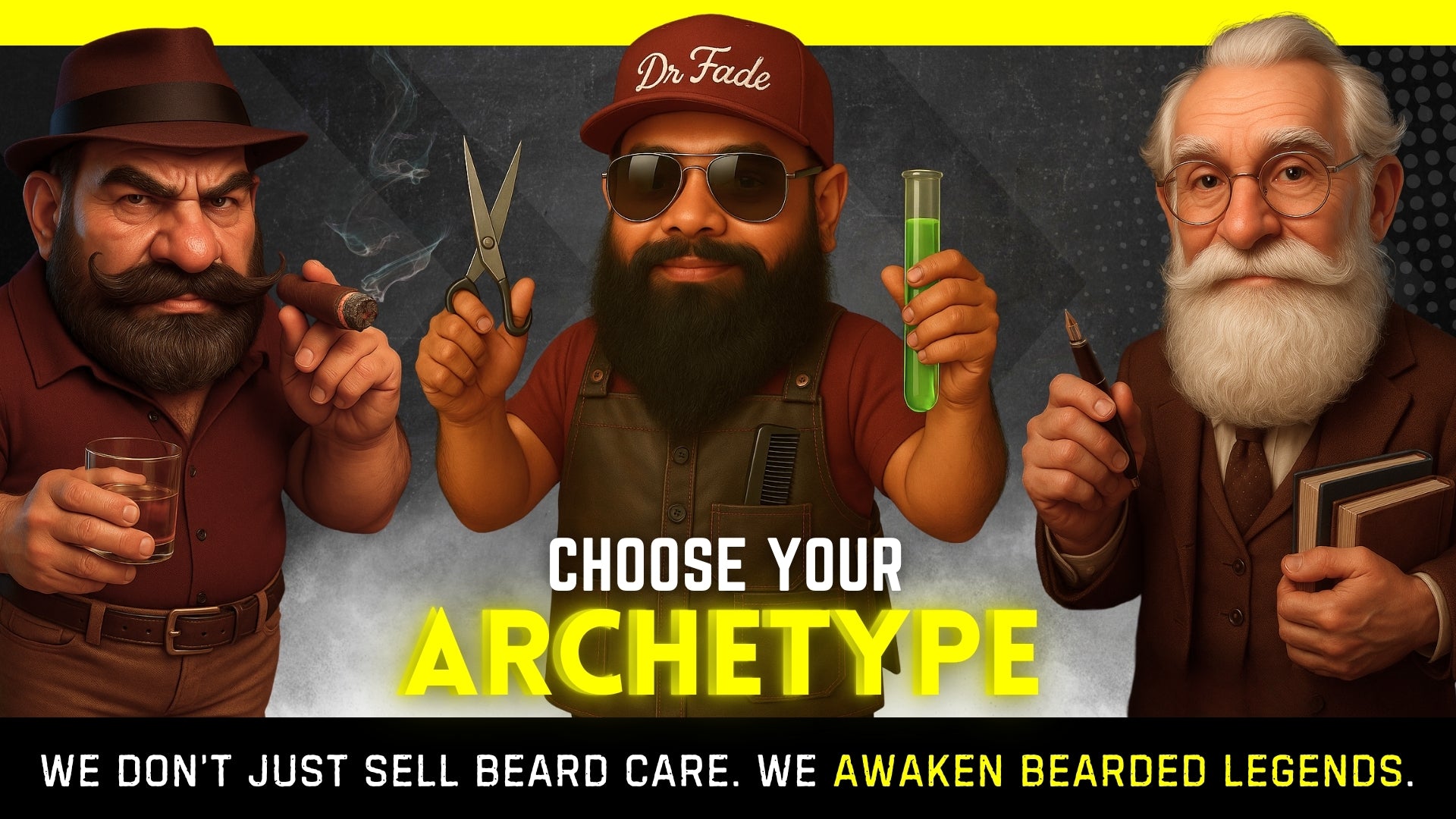 Three bearded men with different hairstyles and accessories, with text 'Choose Your Archetype' and promotional text.