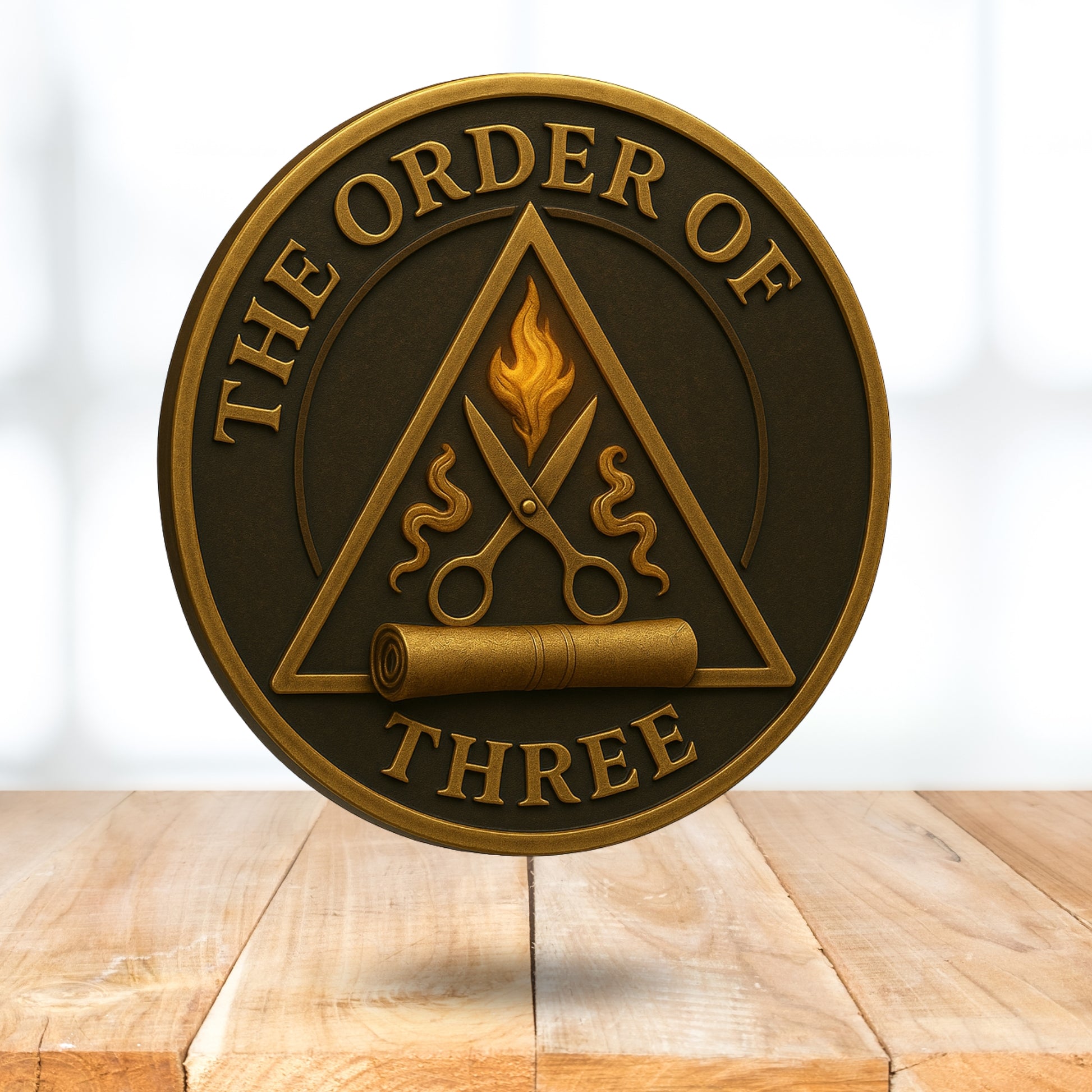 Decorative magnetic decal with 'The Order of Three' design on a surface.