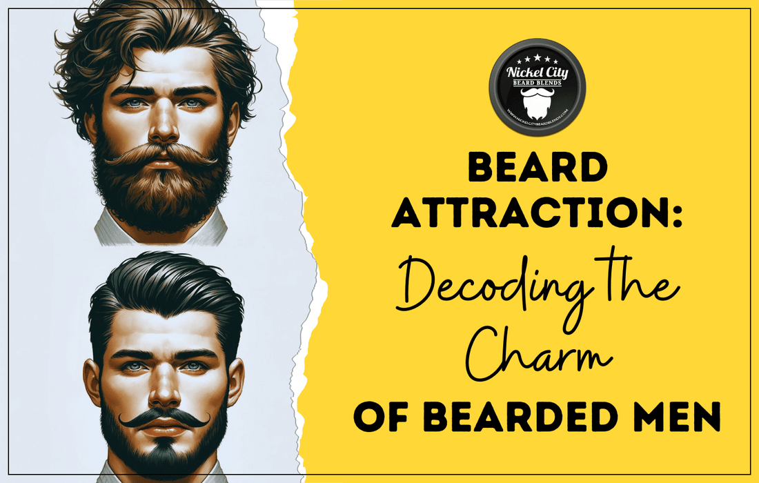 One man with a reddish brown full beard and another with a shorter trimmed black-haired beard, with the blog post title Beard Attraction: Decoding the charm of bearded men
