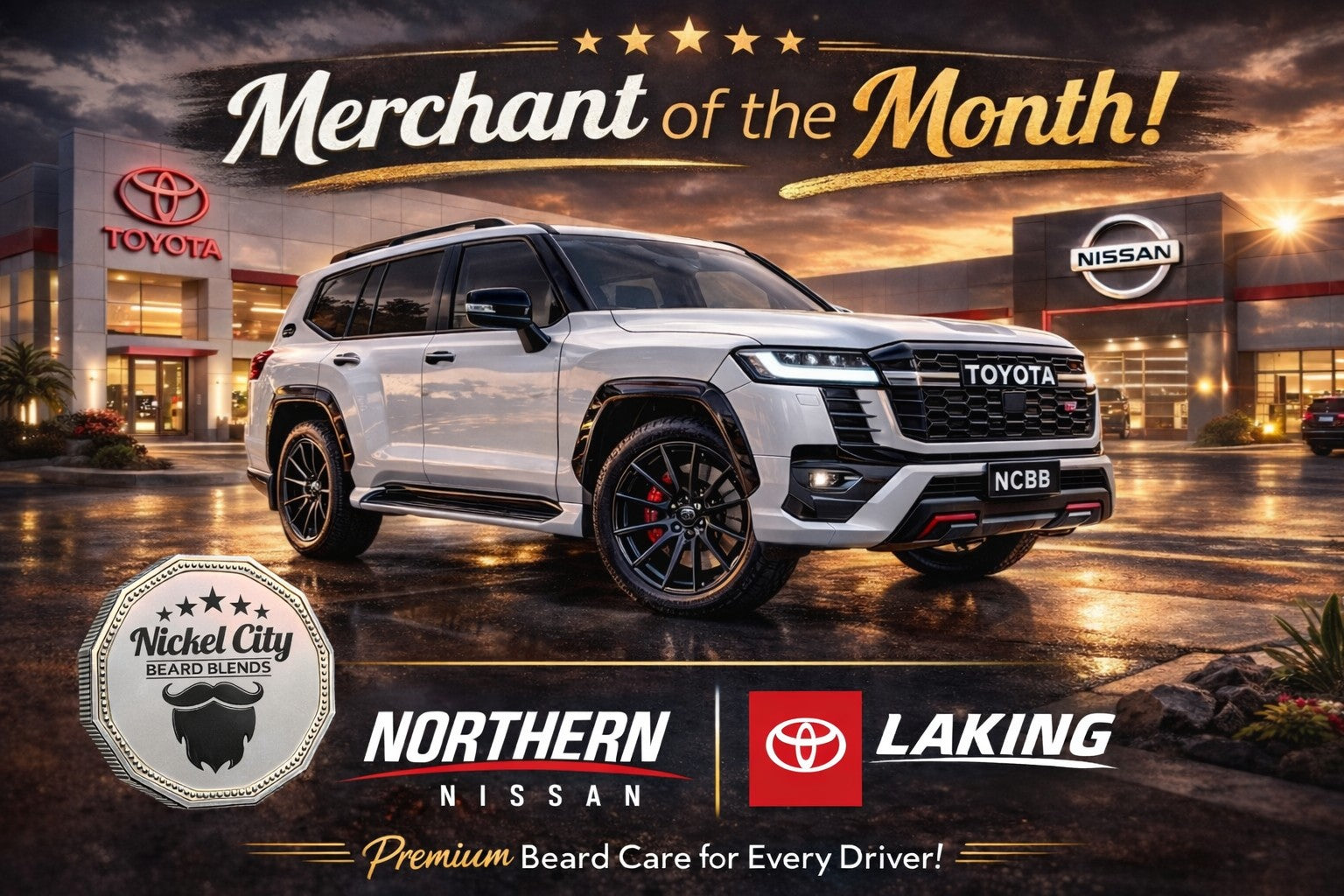 White Toyota SUV in front of a Toyota dealership with promotional text and logos.