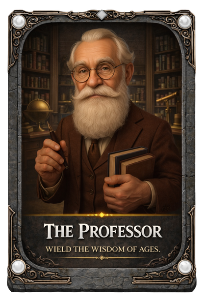 Illustration of an elderly professor holding books and a pointer in a library setting, with 'The Professor' text below.