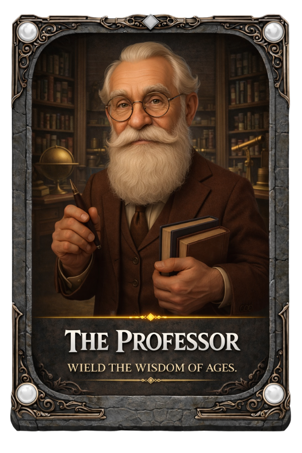 Illustration of an elderly professor holding books and a pointer in a library setting, with 'The Professor' text below.
