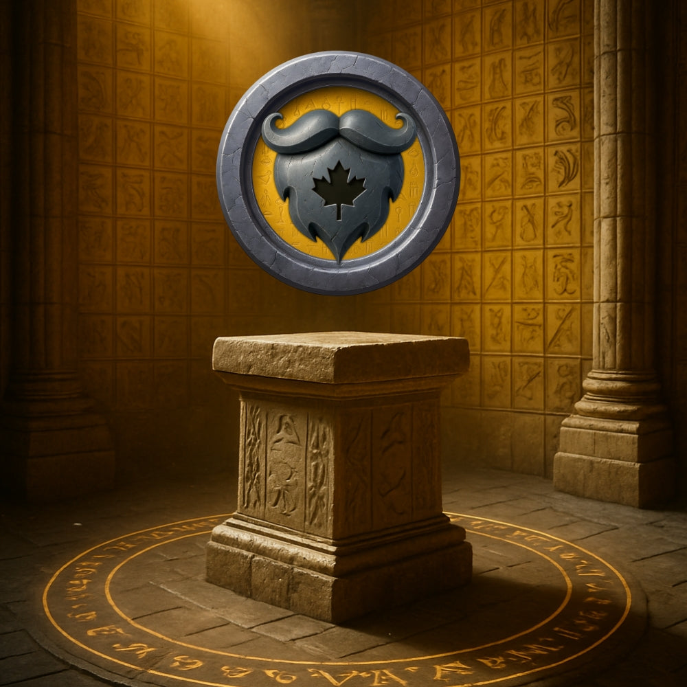 Decorative stone pedestal with a circular emblem featuring a mustache and maple leaf in a dimly lit room.
