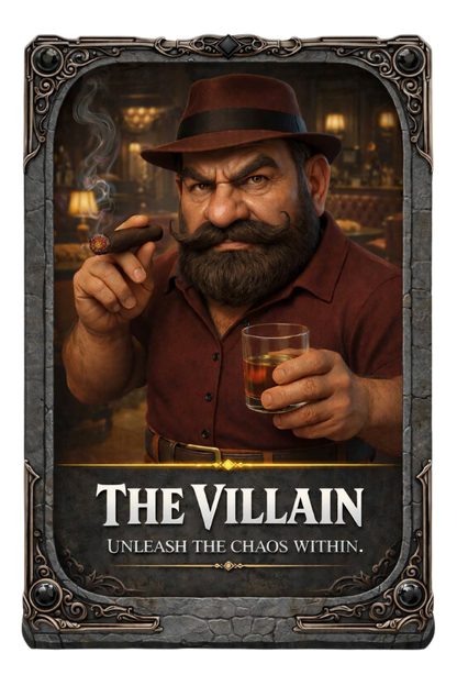 Character card titled 'The Villain' with a man smoking a cigar and holding a glass, set against a dark background.