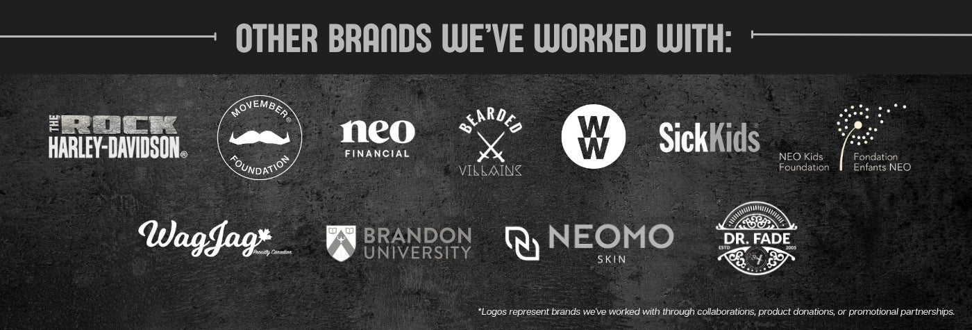 A black promotional banner with the heading 'OTHER BRANDS WE'VE WORKED WITH:' above a row of white logos, including The Rock Harley-Davidson, Movember, Neo Financial, Neo Kids Foundation, Bearded Villains, Weight Watchers Canada, SickKids, WagJag, Brandon University, Neomo Skin, and Dr. Fade.