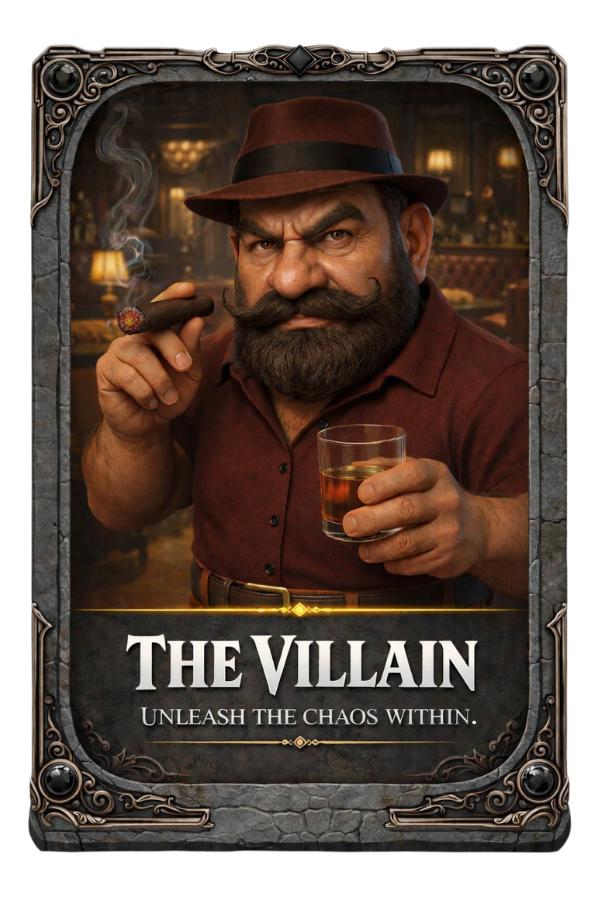 Character card titled 'The Villain' with a man smoking a cigar and holding a glass, set against a dark background.
