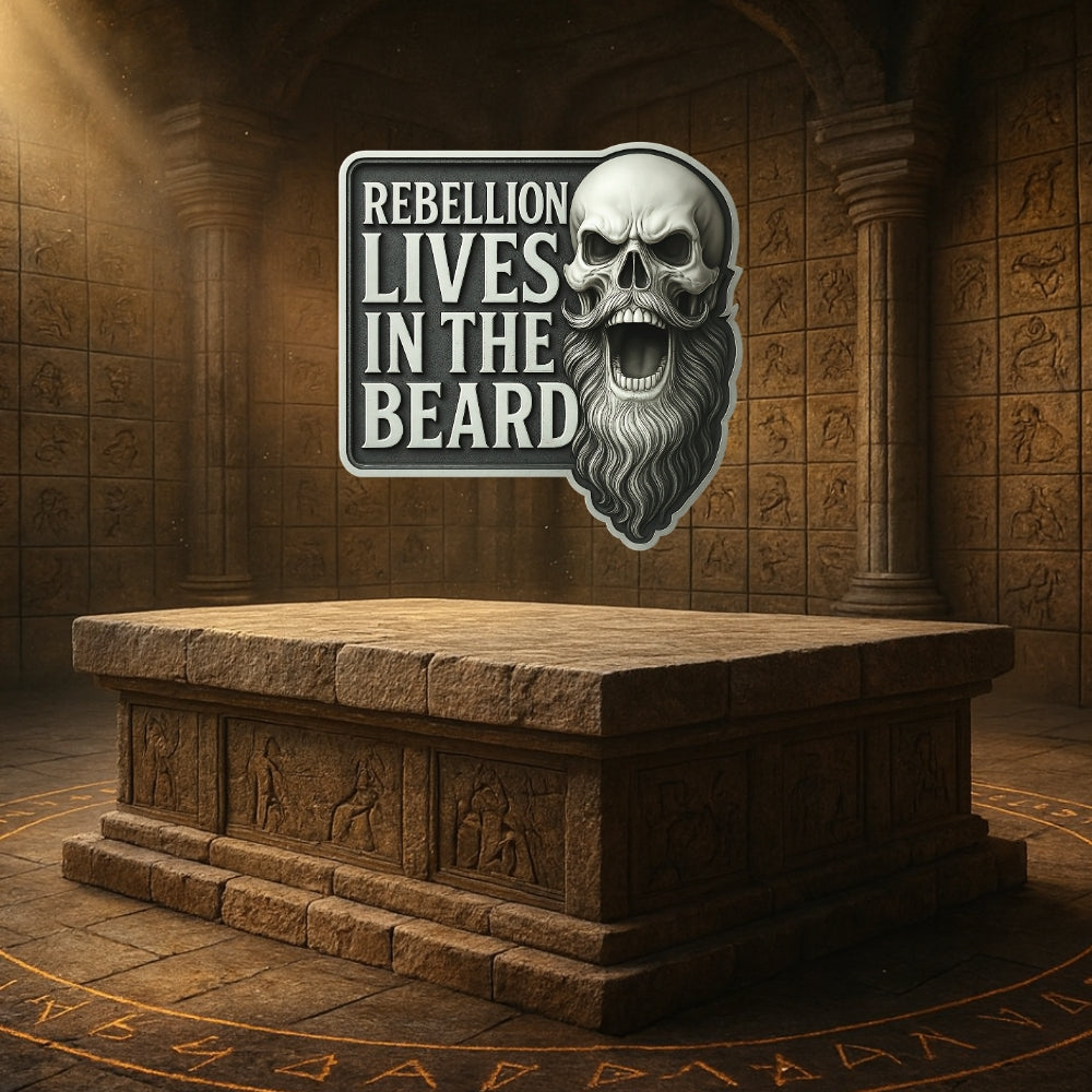 Stone altar with a skull and beard graphic and text 'Rebellion Lives in the Beard' in an ancient temple setting.