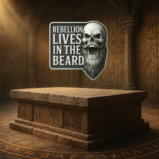 Stone altar with a skull and beard graphic and text 'Rebellion Lives in the Beard' in an ancient temple setting.