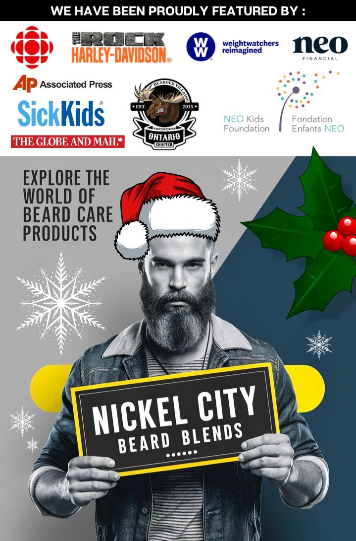 Man holding sign that reads Nickel City Beard Blends - Explore the world of beard care products with global brands we collaborated with