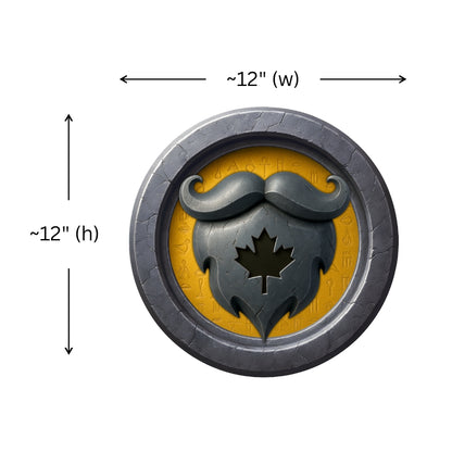 Decorative emblem with a mustache and leaf design, shown with dimensions on a white background.