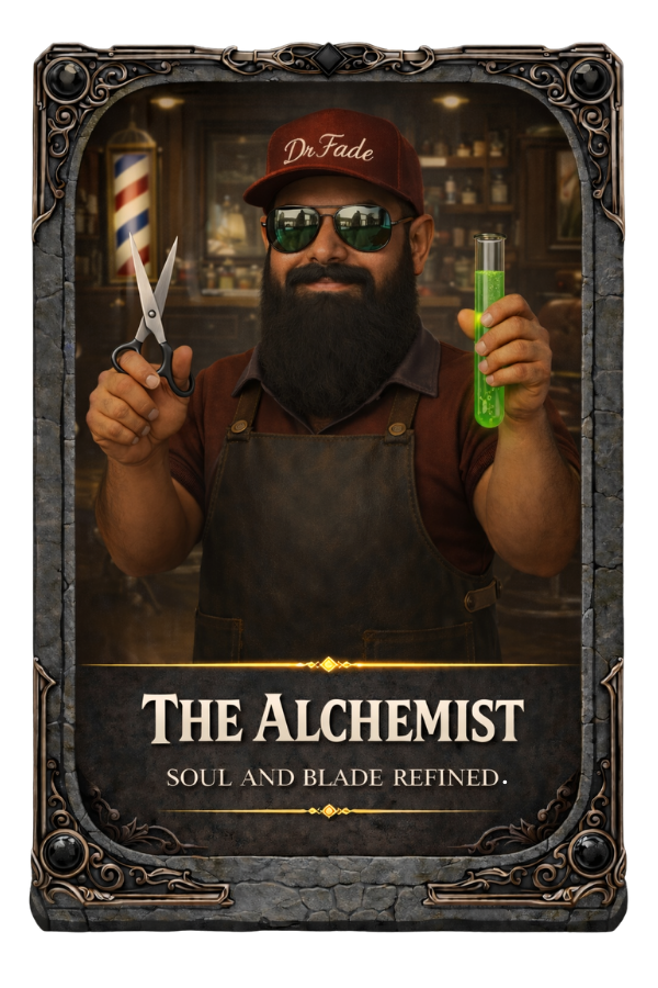 Barber with tools and 'The Alchemist' branding in a decorative frame.