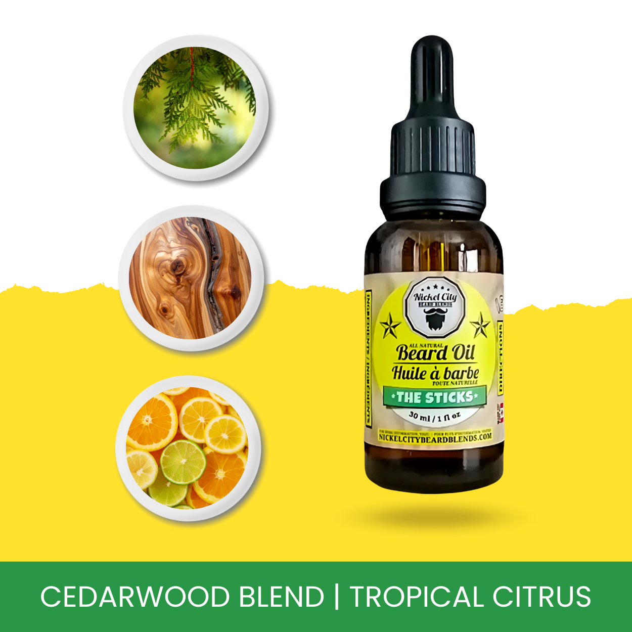 Bottle of 'The Sticks' beard oil with a yellow and green background featuring images of cedarwood, wood, and citrus fruits.