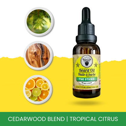 Bottle of 'The Sticks' beard oil with a yellow and green background featuring images of cedarwood, wood, and citrus fruits.