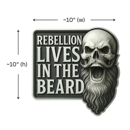 Skull with beard and 'Rebellion Lives in the Beard' text on a black background