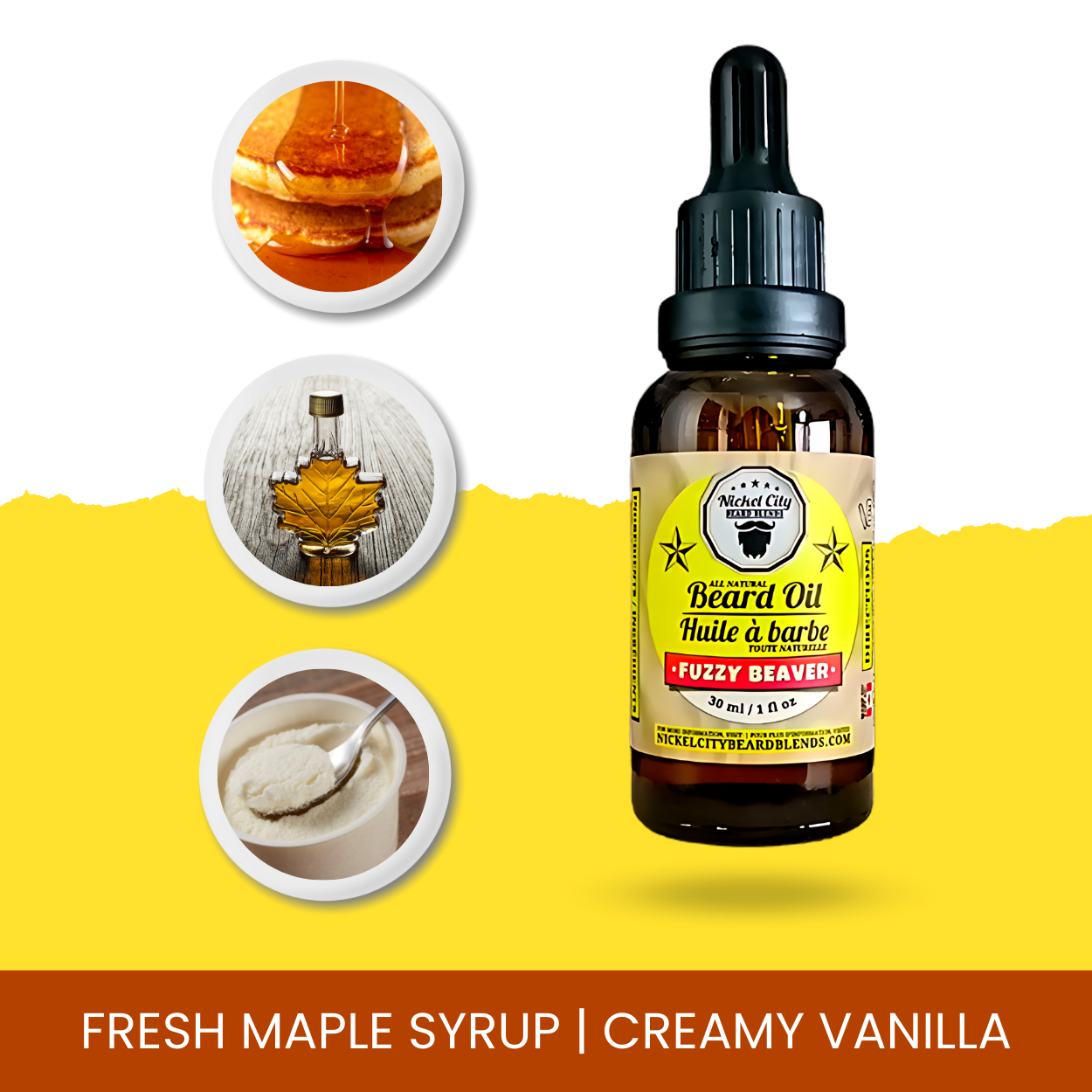 Bottle of Fuzzy Beaver beard oil with images of maple syrup and vanilla on a yellow background