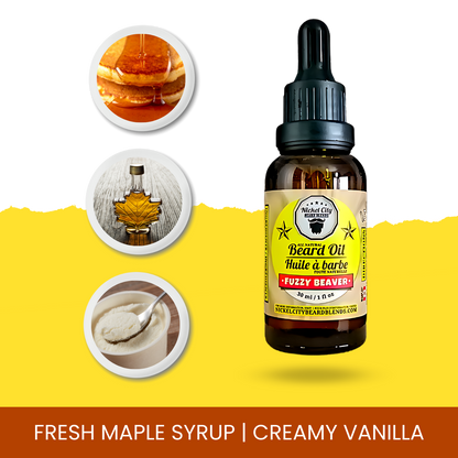 Bottle of Fuzzy Beaver beard oil with images of maple syrup and vanilla on a yellow background