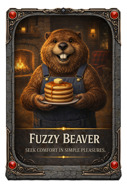 Illustration of a beaver holding pancakes with a cozy background, featuring the text 'Fuzzy Beaver: Seek comfort in simple pleasures.'.
