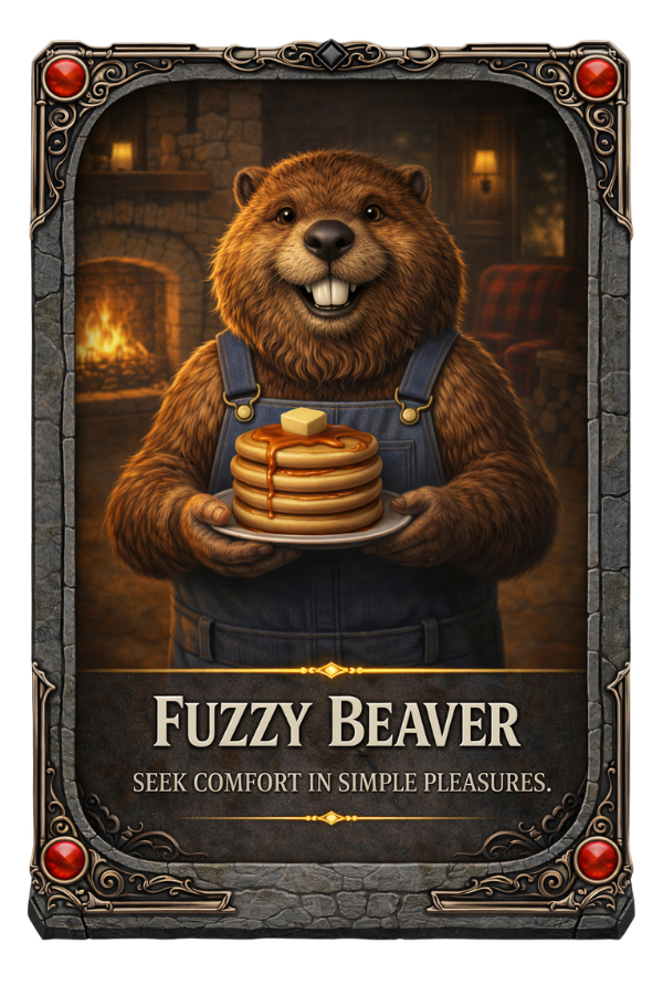 Illustration of a beaver holding pancakes with a cozy background, featuring the text 'Fuzzy Beaver: Seek comfort in simple pleasures.'.