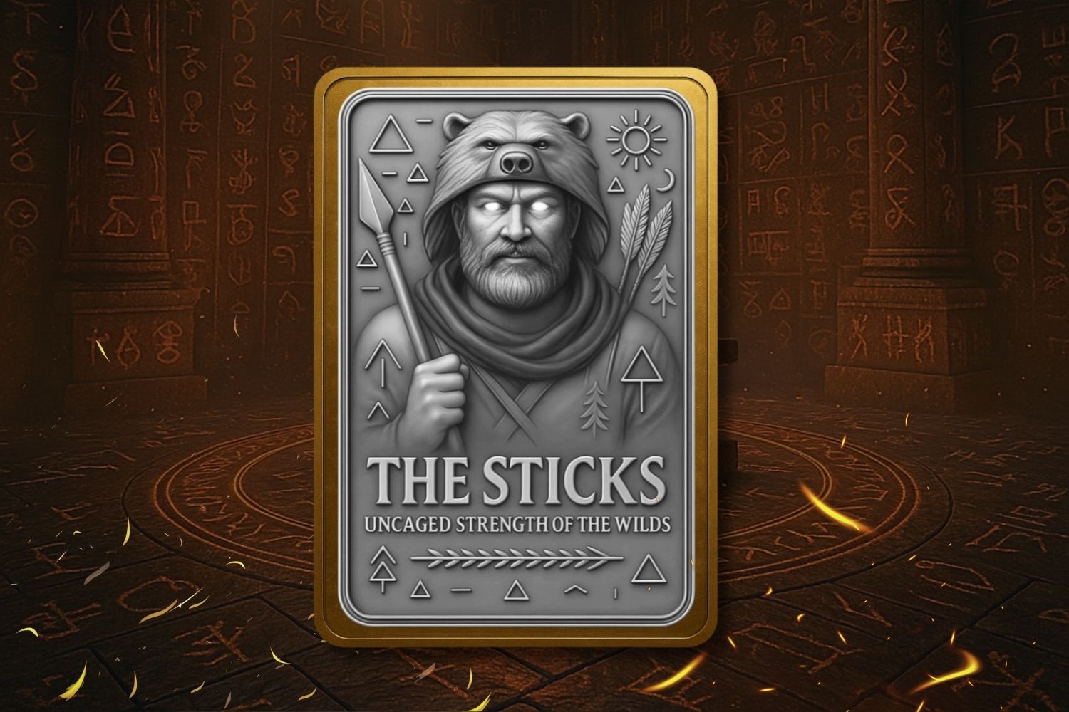Card featuring a warrior illustration with 'The Sticks' text on a mystical background