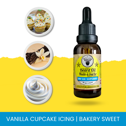 Bottle of vanilla cupcake icing scented beard oil with bakery-themed elements on a yellow and blue background.