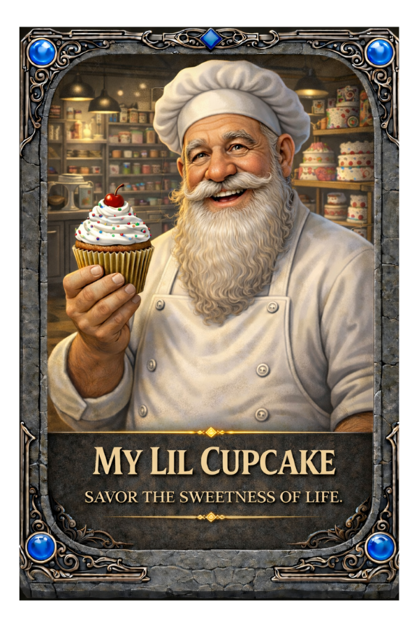 Illustration of a chef holding a cupcake with text 'My Lil Cupcake' and 'Savor the sweetness of life.'