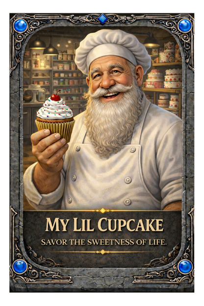 Illustration of a chef holding a cupcake with text 'My Lil Cupcake' and 'Savor the sweetness of life.'