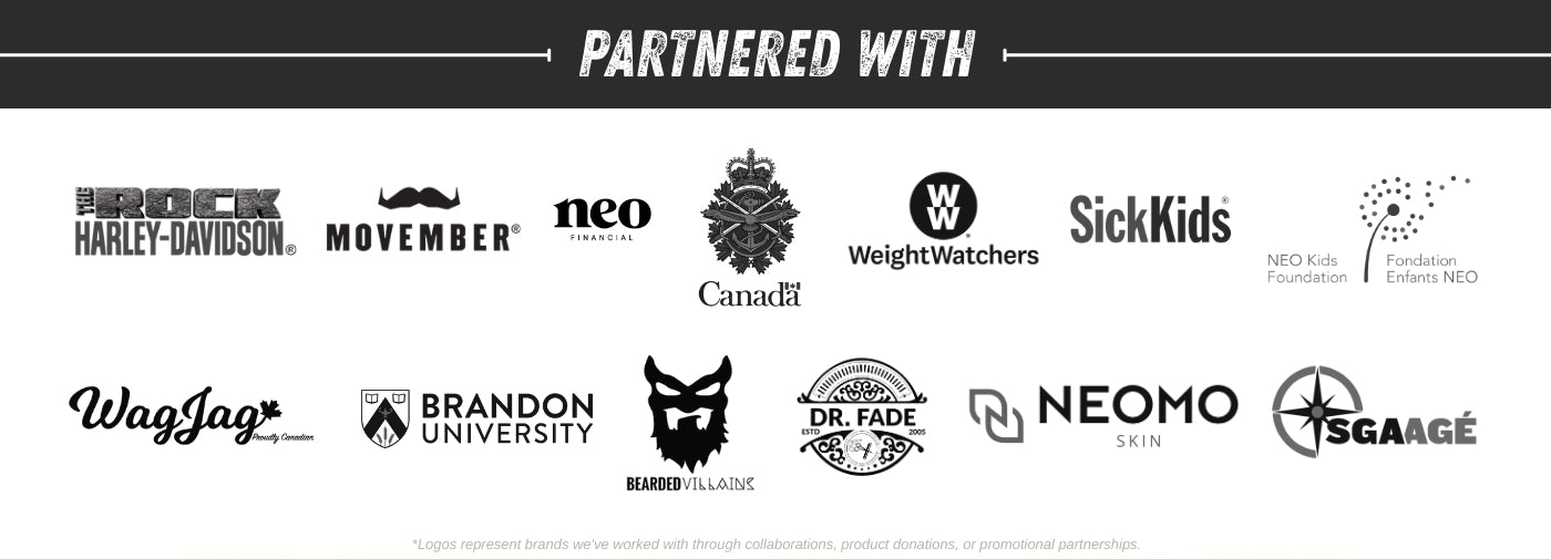Logos of various brands partnered together on a black background