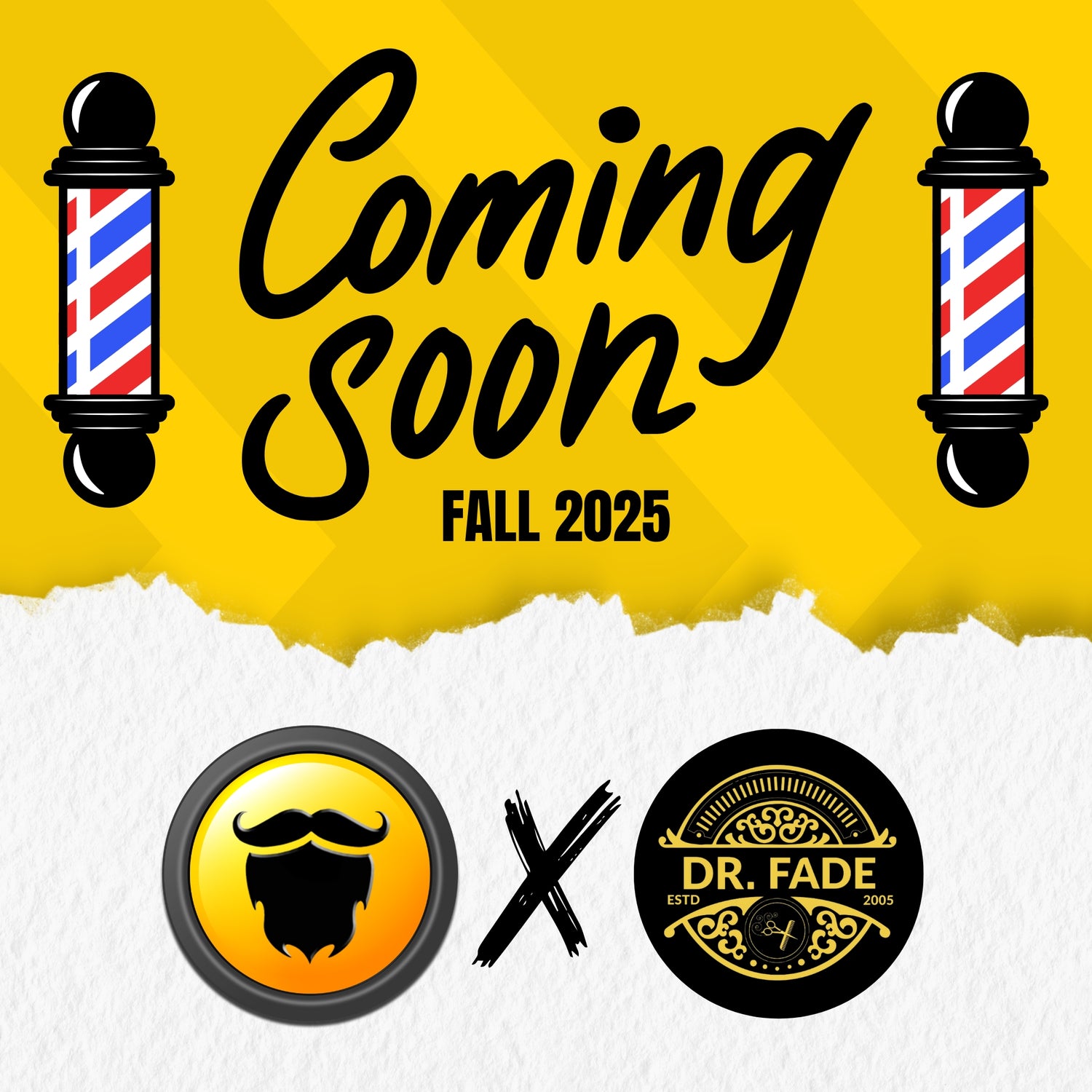 Advertisement for a barber shop collaboration for beard oil launching in Fall 2025 with barbershop pole graphics and brand logos.