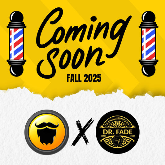 Advertisement for a barber shop collaboration for beard oil launching in Fall 2025 with barbershop pole graphics and brand logos.