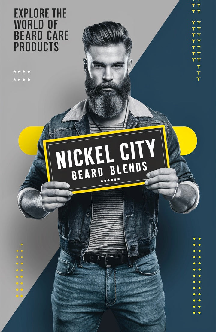 Man holding sign that reads Nickel City Beard Blends - Explore the world of beard care products