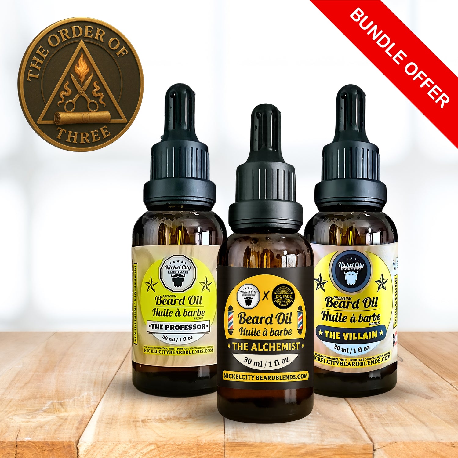 Three bottles of beard oil with labels on a wooden surface, featuring 'The Order of Three' logo.