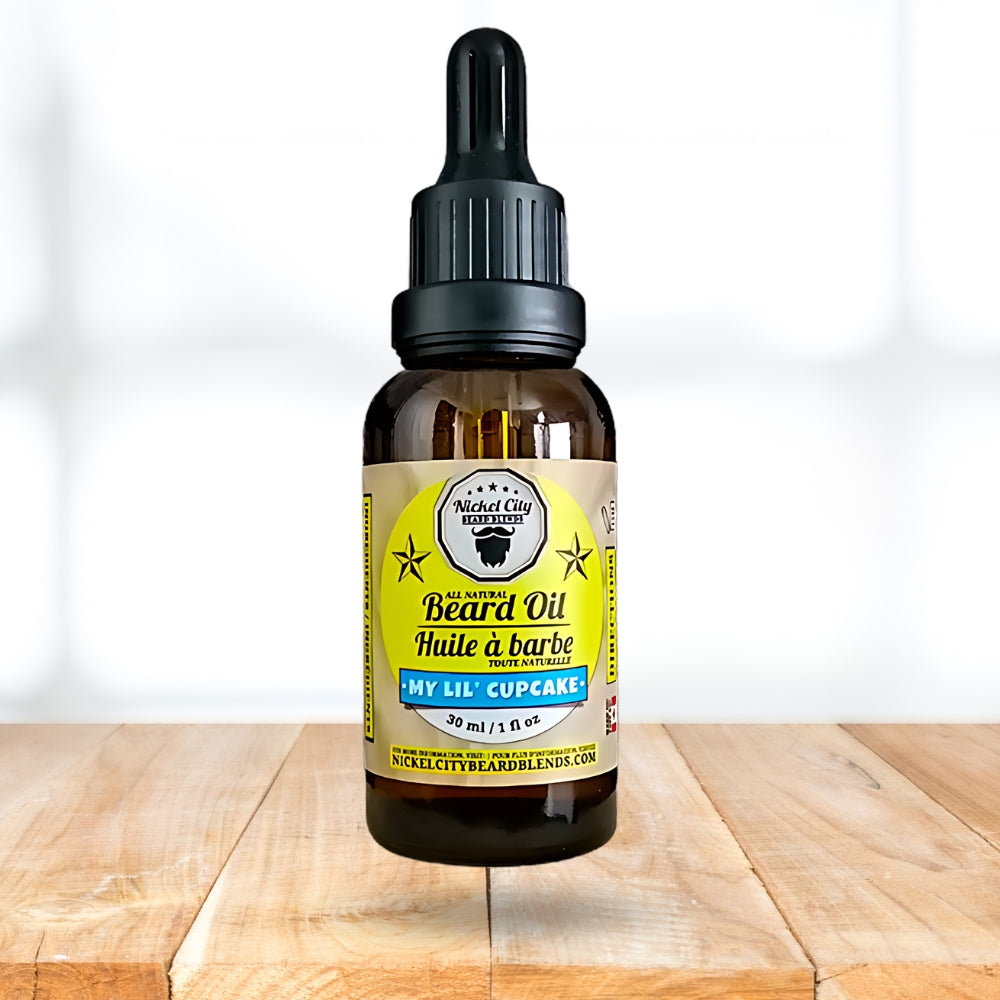 Bottle of beard oil with a label on a wooden surface