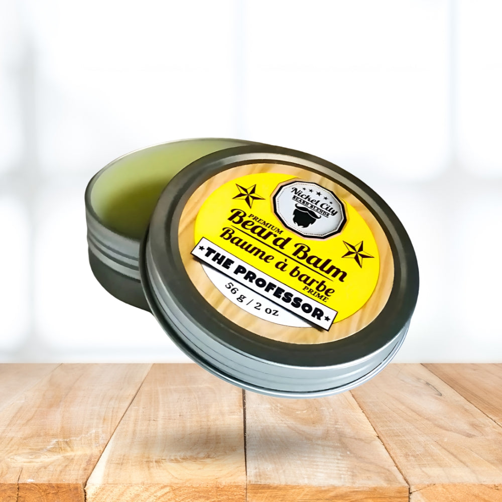 Beard balm container with yellow label on a wooden surface