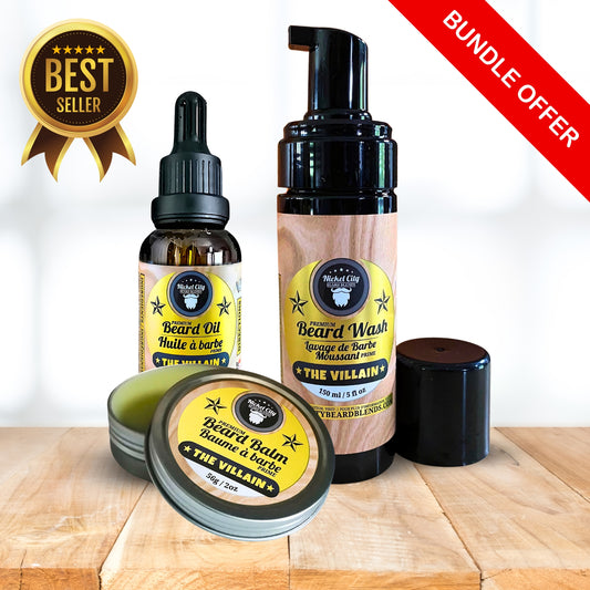 Beard Boss Trinity Bundle – The Villain scent: beard oil, balm and wash displayed with Best Seller badge and red Bundle Offer ribbon on wood background.