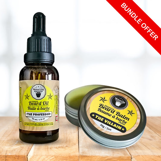 Beard oil bottle and balm on a wooden surface with 'Bundle Offer' text.